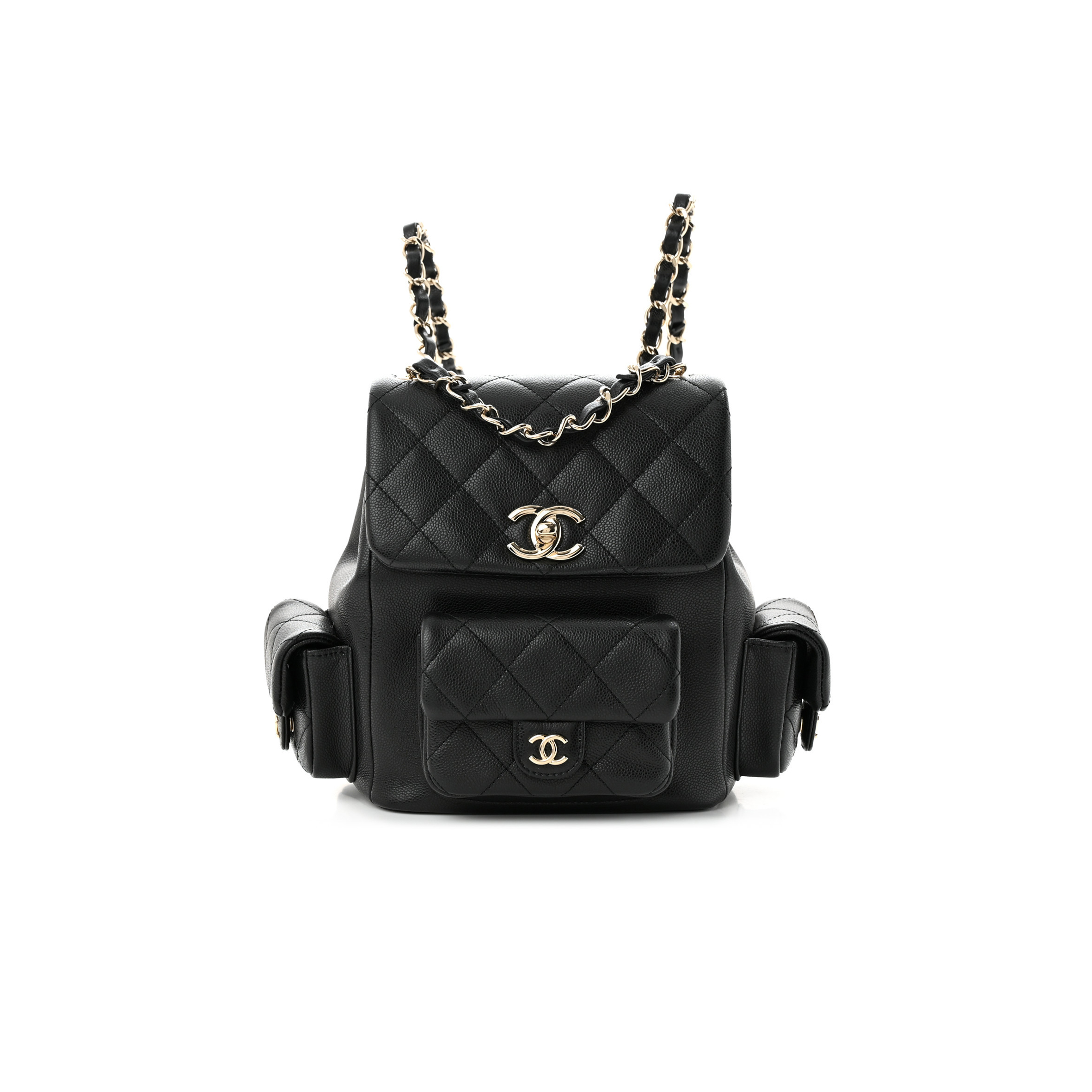 Ch*el master shiny caviar quilted small pockets drawstring backpack black (21.5*19.5*12cm)
